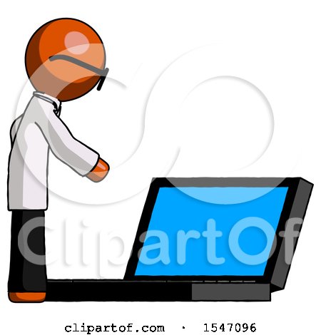 Orange Doctor Scientist Man Using Large Laptop Computer Side Orthographic View by Leo Blanchette