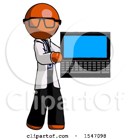 Orange Doctor Scientist Man Holding Laptop Computer Presenting Something on Screen by Leo Blanchette