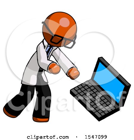 Orange Doctor Scientist Man Throwing Laptop Computer in Frustration by Leo Blanchette