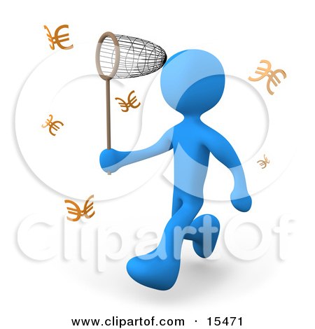 Greedy Blue Man Chasing Euros That Resemble Butterflies With A Net Clipart Illustration Image by 3poD