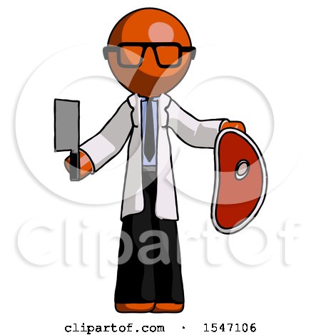 Orange Doctor Scientist Man Holding Large Steak with Butcher Knife by Leo Blanchette