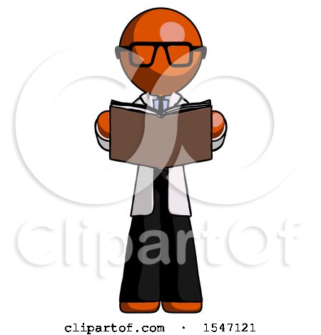 Orange Doctor Scientist Man Reading Book While Standing up Facing Viewer by Leo Blanchette