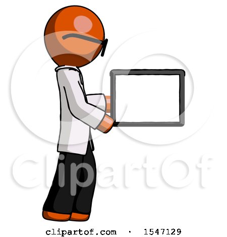 Orange Doctor Scientist Man Show Tablet Device Computer to Viewer, Blank Area by Leo Blanchette