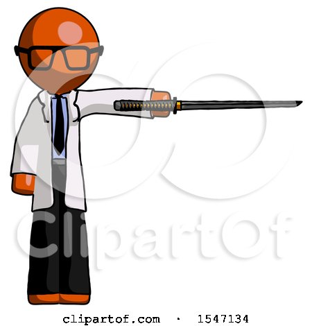 Orange Doctor Scientist Man Standing with Ninja Sword Katana Pointing Right by Leo Blanchette