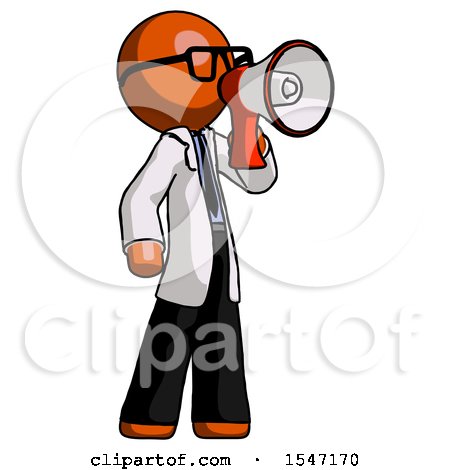 Orange Doctor Scientist Man Shouting into Megaphone Bullhorn Facing Right by Leo Blanchette