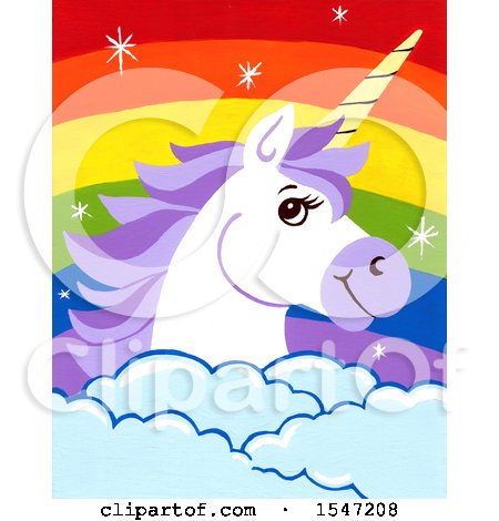 Clipart of a Happy Unicorn over a Rainbow and Clouds - Royalty Free Illustration by LoopyLand