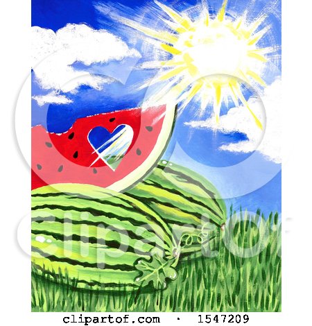 Clipart of a Sunny Sky over a Watermelon with a Cut out Heart - Royalty Free Illustration by LoopyLand