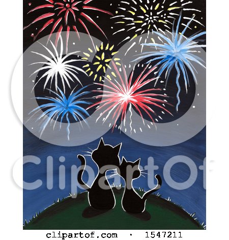 Clipart of a Rear View of a Cat Couple Watching Fireworks - Royalty Free Illustration by LoopyLand