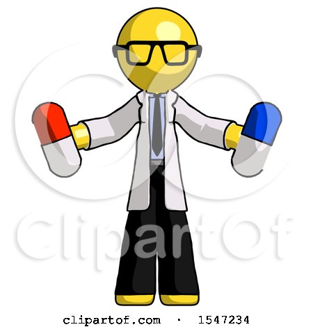 Yellow Doctor Scientist Man Holding a Red Pill and Blue Pill by Leo Blanchette