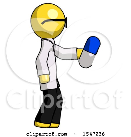 Yellow Doctor Scientist Man Holding Blue Pill Walking to Right by Leo Blanchette