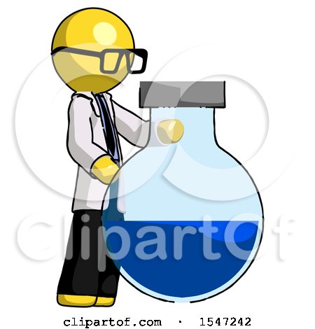 Yellow Doctor Scientist Man Standing Beside Large Round Flask or Beaker by Leo Blanchette