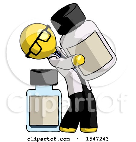Yellow Doctor Scientist Man Holding Large White Medicine Bottle with Bottle in Background by Leo Blanchette