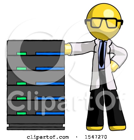 Yellow Doctor Scientist Man with Server Rack Leaning Confidently Against It by Leo Blanchette