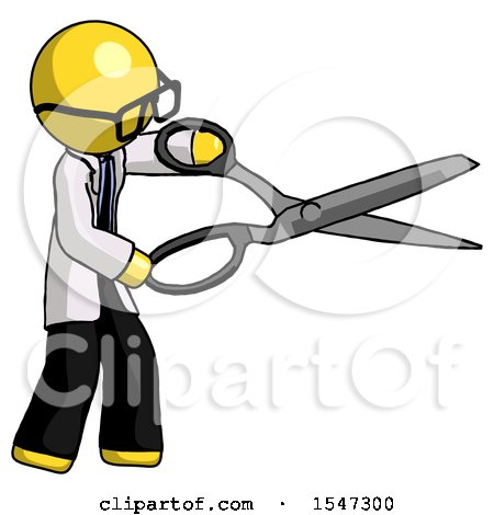Yellow Doctor Scientist Man Holding Giant Scissors Cutting out Something by Leo Blanchette