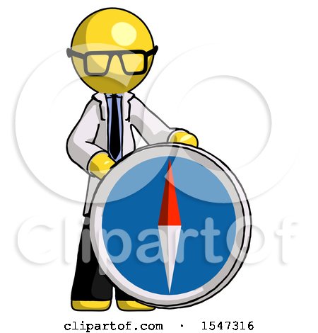Yellow Doctor Scientist Man Standing Beside Large Compass by Leo Blanchette