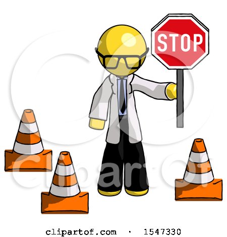 Yellow Doctor Scientist Man Holding Stop Sign by Traffic Cones Under Construction Concept by Leo Blanchette