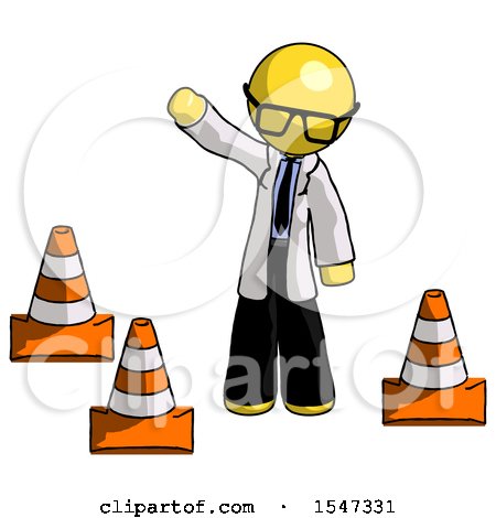 Yellow Doctor Scientist Man Standing by Traffic Cones Waving by Leo Blanchette