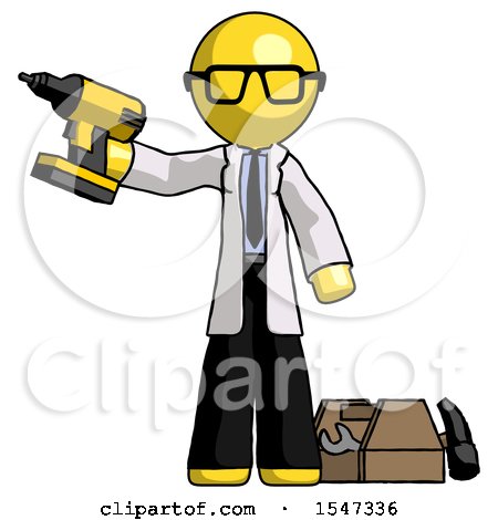 Yellow Doctor Scientist Man Holding Drill Ready to Work, Toolchest and Tools to Right by Leo Blanchette