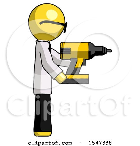 Yellow Doctor Scientist Man Using Drill Drilling Something on Right Side by Leo Blanchette