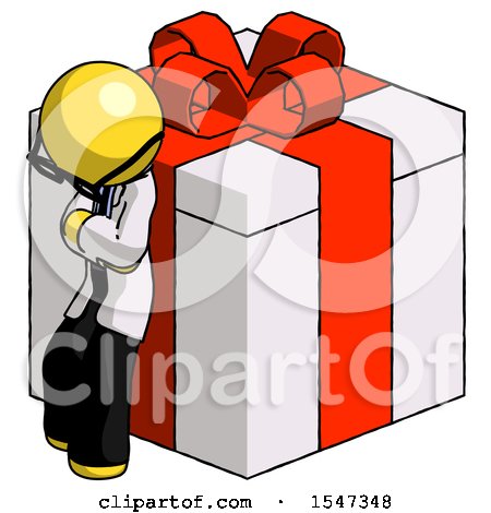 Yellow Doctor Scientist Man Leaning on Gift with Red Bow Angle View by Leo Blanchette