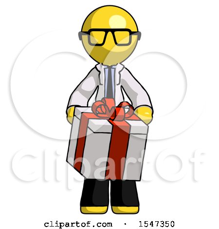 Yellow Doctor Scientist Man Gifting Present with Large Bow Front View by Leo Blanchette