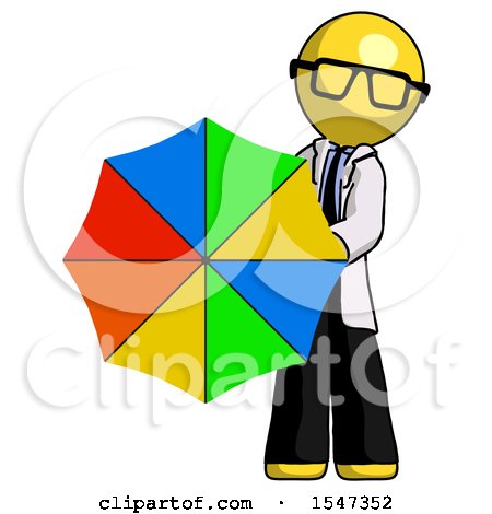 Yellow Doctor Scientist Man Holding Rainbow Umbrella out to Viewer by Leo Blanchette