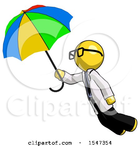 Yellow Doctor Scientist Man Flying with Rainbow Colored Umbrella by Leo Blanchette