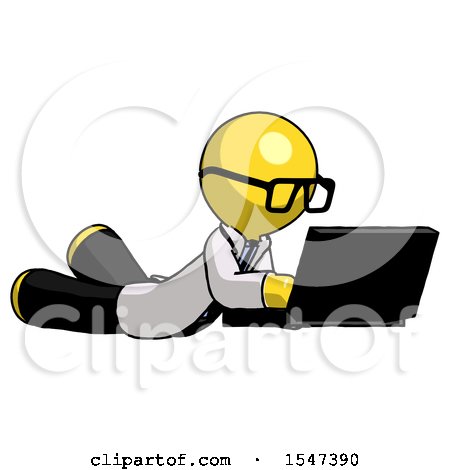 Yellow Doctor Scientist Man Using Laptop Computer While Lying on Floor Side Angled View by Leo Blanchette