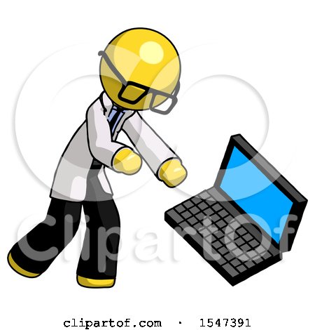 Yellow Doctor Scientist Man Throwing Laptop Computer in Frustration by Leo Blanchette