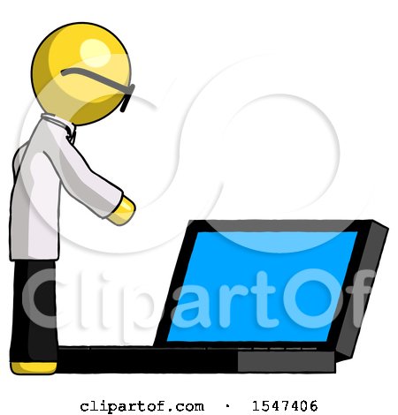 Yellow Doctor Scientist Man Using Large Laptop Computer Side Orthographic View by Leo Blanchette