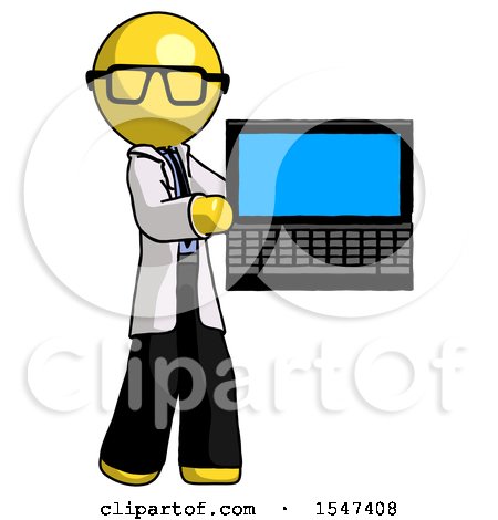 Yellow Doctor Scientist Man Holding Laptop Computer Presenting Something on Screen by Leo Blanchette