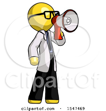 Yellow Doctor Scientist Man Shouting into Megaphone Bullhorn Facing Right by Leo Blanchette