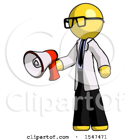 Yellow Doctor Scientist Man Holding Megaphone Bullhorn Facing Right by Leo Blanchette