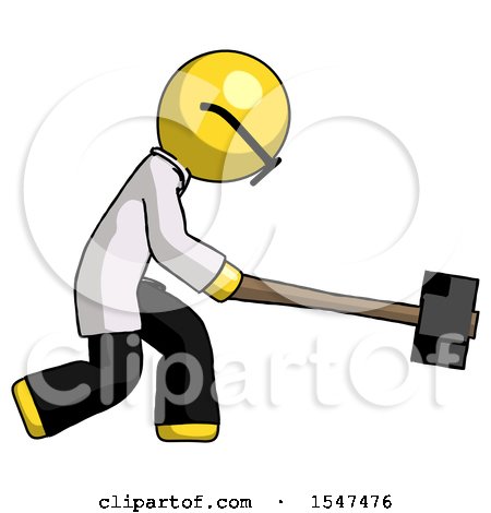 Yellow Doctor Scientist Man Hitting with Sledgehammer, or Smashing Something by Leo Blanchette
