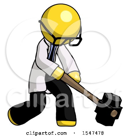 Yellow Doctor Scientist Man Hitting with Sledgehammer, or Smashing Something at Angle by Leo Blanchette