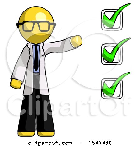 Yellow Doctor Scientist Man Standing by List of Checkmarks by Leo Blanchette