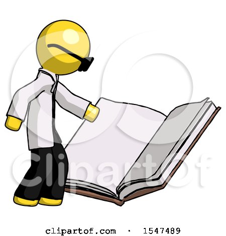 Yellow Doctor Scientist Man Reading Big Book While Standing Beside It by Leo Blanchette