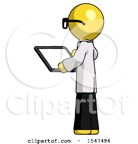Yellow Doctor Scientist Man Looking at Tablet Device Computer with Back to Viewer by Leo Blanchette
