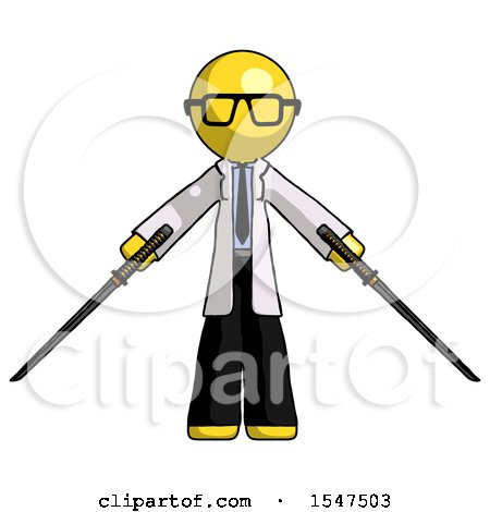 Yellow Doctor Scientist Man Posing with Two Ninja Sword Katanas by Leo Blanchette