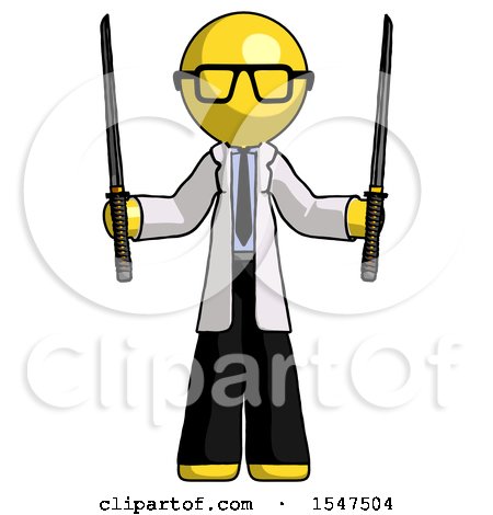 Yellow Doctor Scientist Man Posing with Two Ninja Sword Katanas up by Leo Blanchette