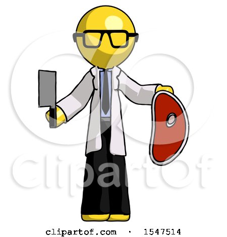 Yellow Doctor Scientist Man Holding Large Steak with Butcher Knife by Leo Blanchette