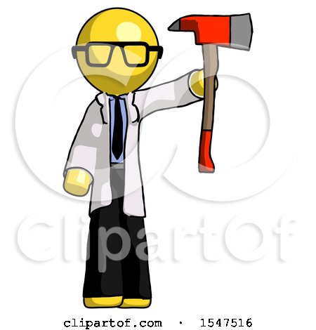 Yellow Doctor Scientist Man Holding up Red Firefighter's Ax by Leo Blanchette