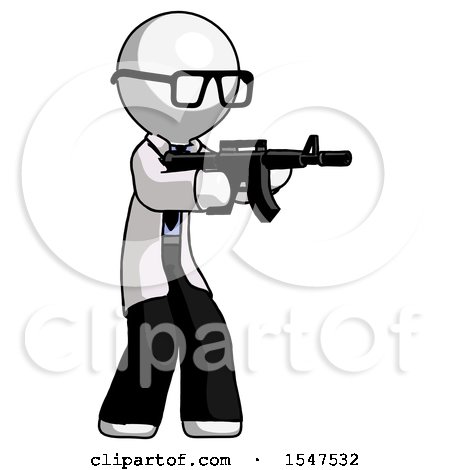 White Doctor Scientist Man Shooting Automatic Assault Weapon by Leo Blanchette