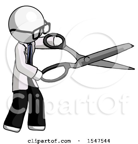 White Doctor Scientist Man Holding Giant Scissors Cutting out Something by Leo Blanchette