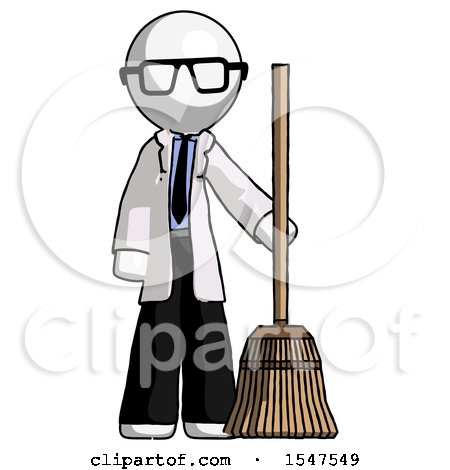 White Doctor Scientist Man Standing with Broom Cleaning Services by Leo Blanchette
