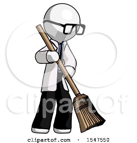 White Doctor Scientist Man Sweeping Area with Broom by Leo Blanchette
