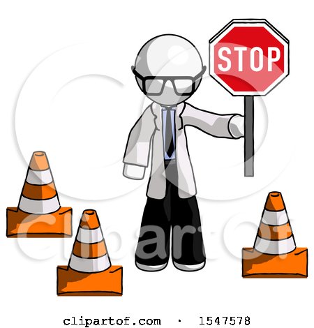 White Doctor Scientist Man Holding Stop Sign by Traffic Cones Under Construction Concept by Leo Blanchette
