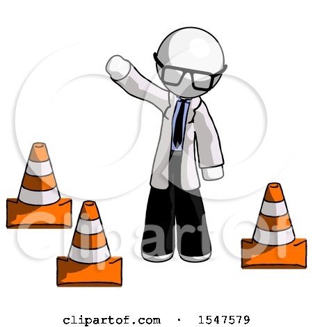 White Doctor Scientist Man Standing by Traffic Cones Waving by Leo Blanchette