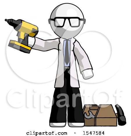 White Doctor Scientist Man Holding Drill Ready to Work, Toolchest and Tools to Right by Leo Blanchette