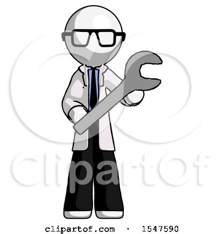White Doctor Scientist Man Holding Large Wrench with Both Hands by Leo Blanchette